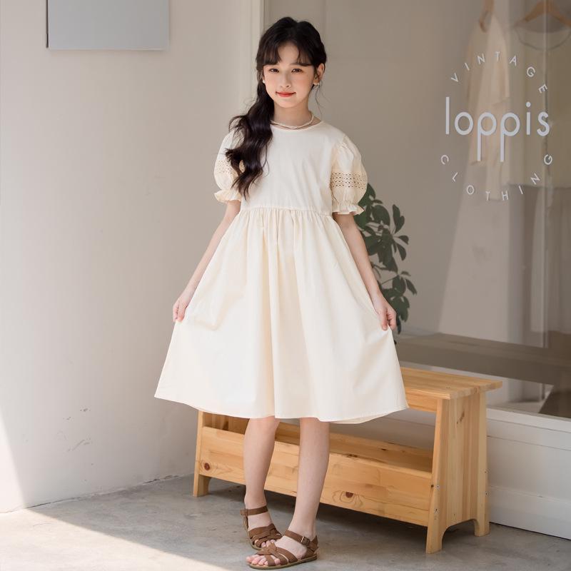 Mädchen Jumpsuit Kleid im koreanischen Stil mit Puffärmeln - Kurzarm einfarbig Kinderbekleidung 2025