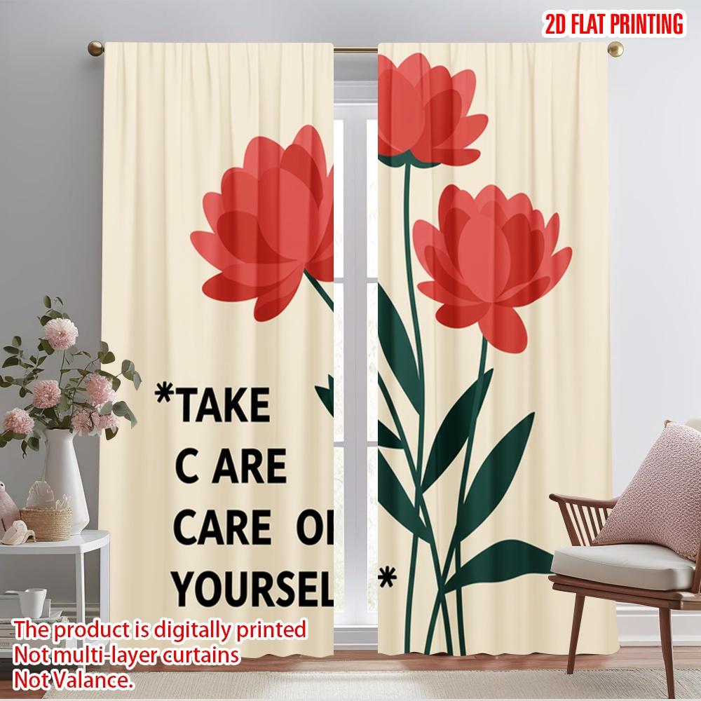 

2pcs 2D flat printing Curtain Red Flowers Self Care 100% Polyester Fabric Without Electricity Seasonal Party & Holiday Decor Use 52.50×116.00 CM 2pcs