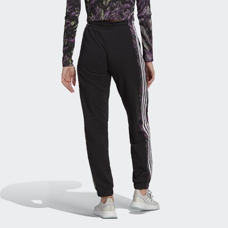 adidas High Waist Lace-Up Printed Striped Sports Trousers Women Bottoms Black HU0268