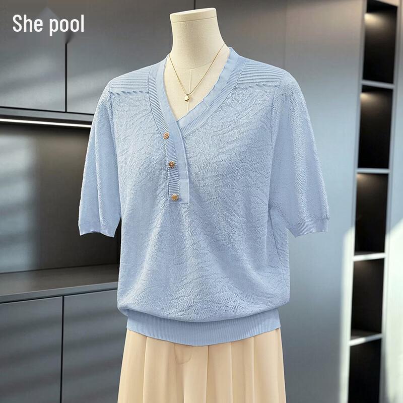 Women s Textured Knit V-Neck Ruffle Trim T-Shirt One Size
