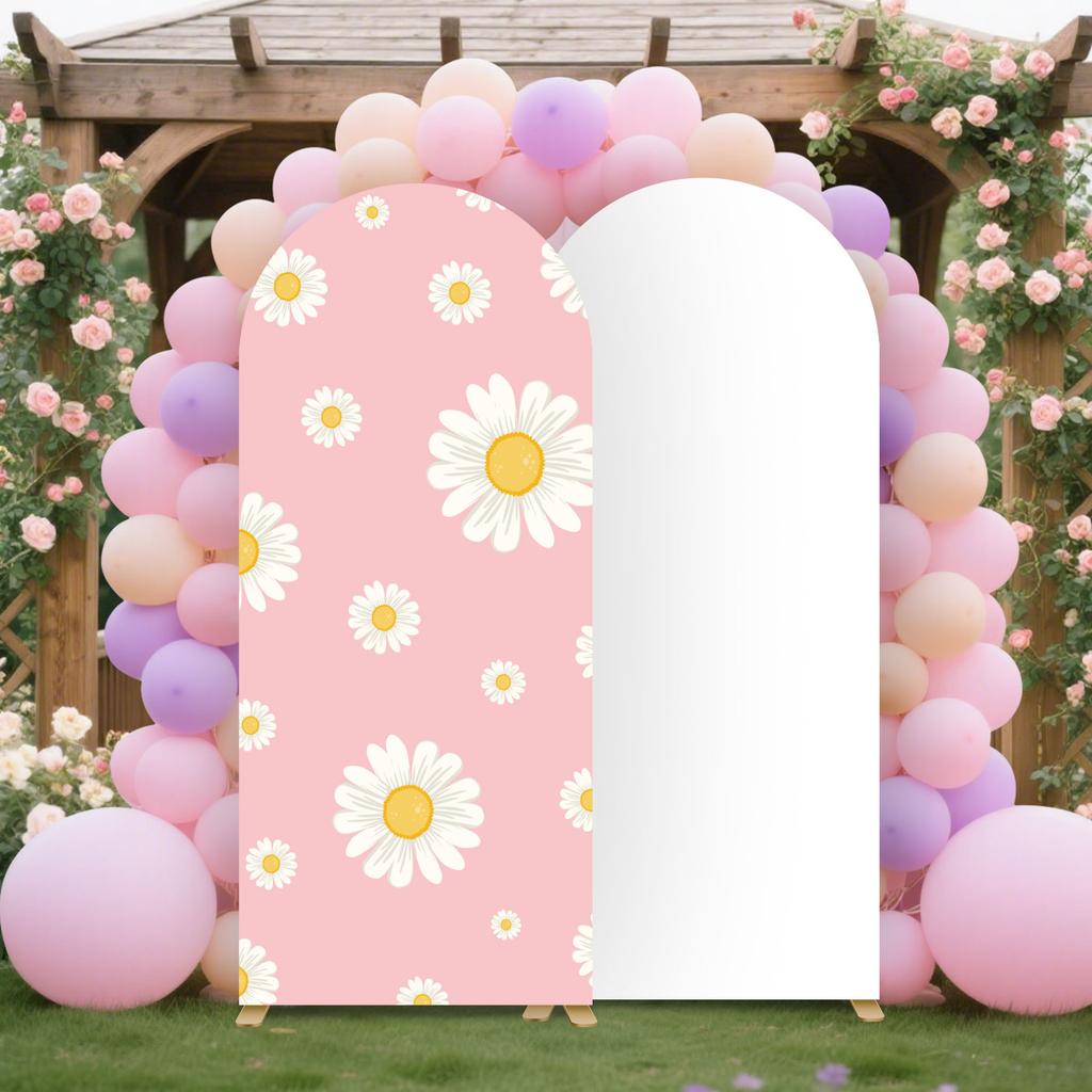 6.56ft Daisy Round Top Arched Backdrop Covers for Birthday Party Pink Arch Covers Stretchy Fabric Backdrop Baby Shower Decor