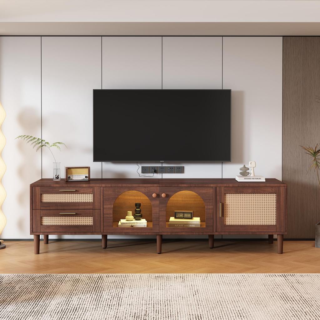 TV Board TV-Schrank Lowboard 2 Schubladen, 2 gewölbten Glastüren, 1 Rattan-Tür, TV-ständer Fernseher bis zu 80 Zoll, 180 cm, Wohnzimmer, Braun