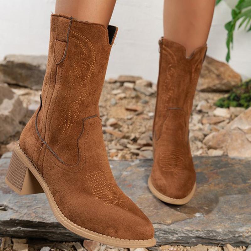 Fashion Retro Dark-Brown Embroidery Ankle Boots for Women Autumn Winter Zip High Heel Women's Boots Comfortable Suede Booties Woman