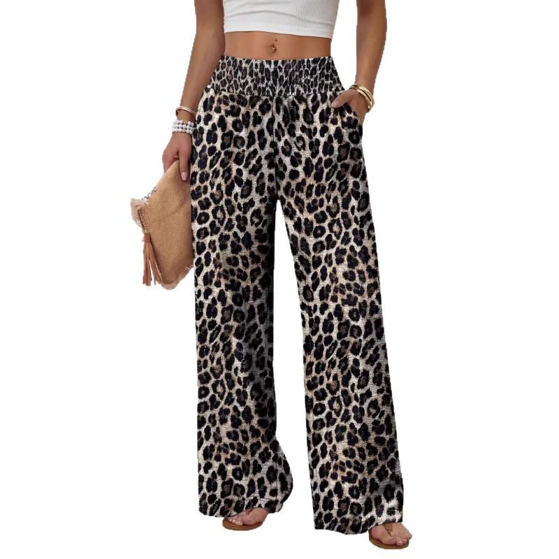 2026 Womens High-Waisted Wide-Leg Trousers Leopard Print Solid Color Casual Pants With Pockets Lightweight Stretchy