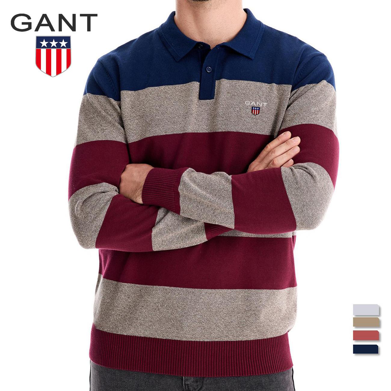 

Gant Autumn Embroidery New Men s Long Sleeved Polo Collar Sweater Slim Fit Lapel Striped Patchwork Knit Sweater XXL
