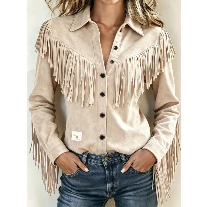 Women's Shirt Collar Tassel Jacket Long Sleeve Retro Single-Breasted Short Coat Streetwear