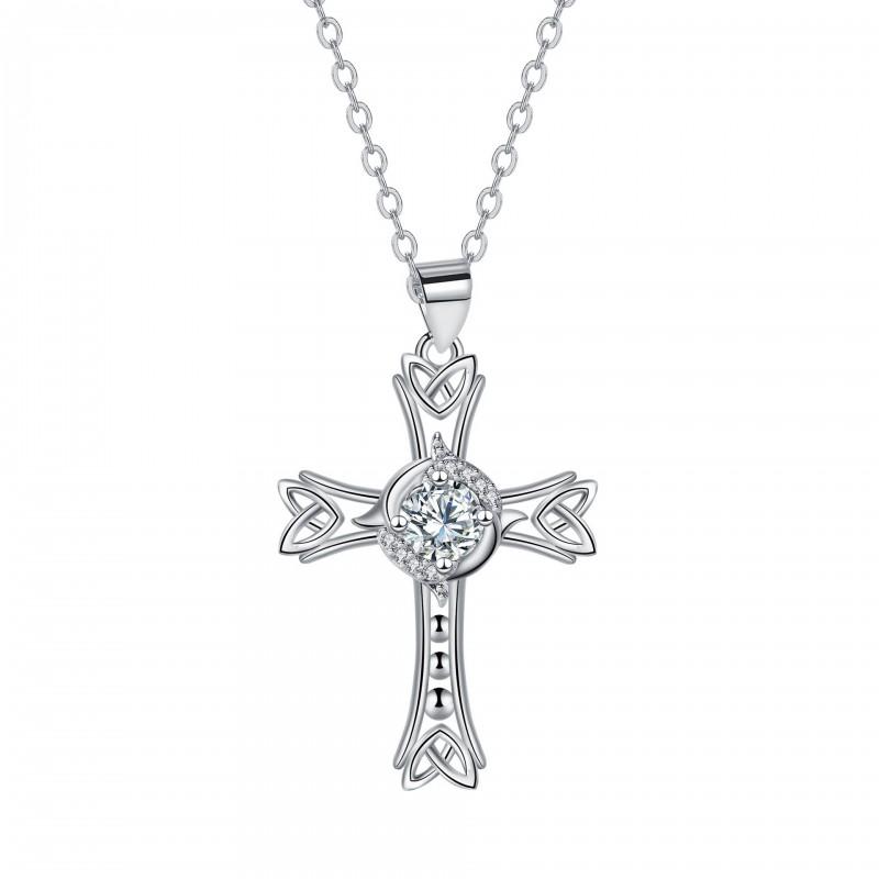 Elegant Celtic Knot Cross Pendant Necklace Women Rhinestone-Embellished Copper Chain 41-50cm Adjustable Length Light Luxury White