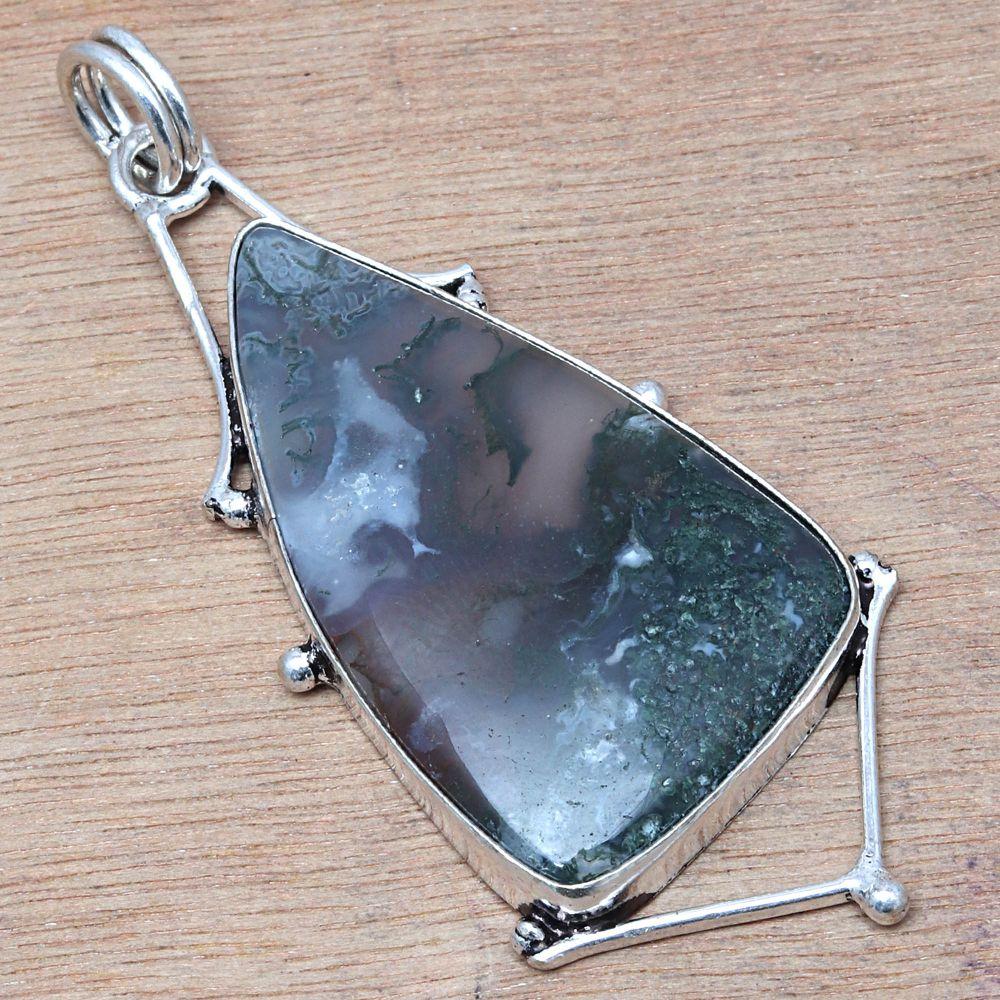 Necklace Moss Agate Gemstone Handmade Antique Jewelry 2.5"