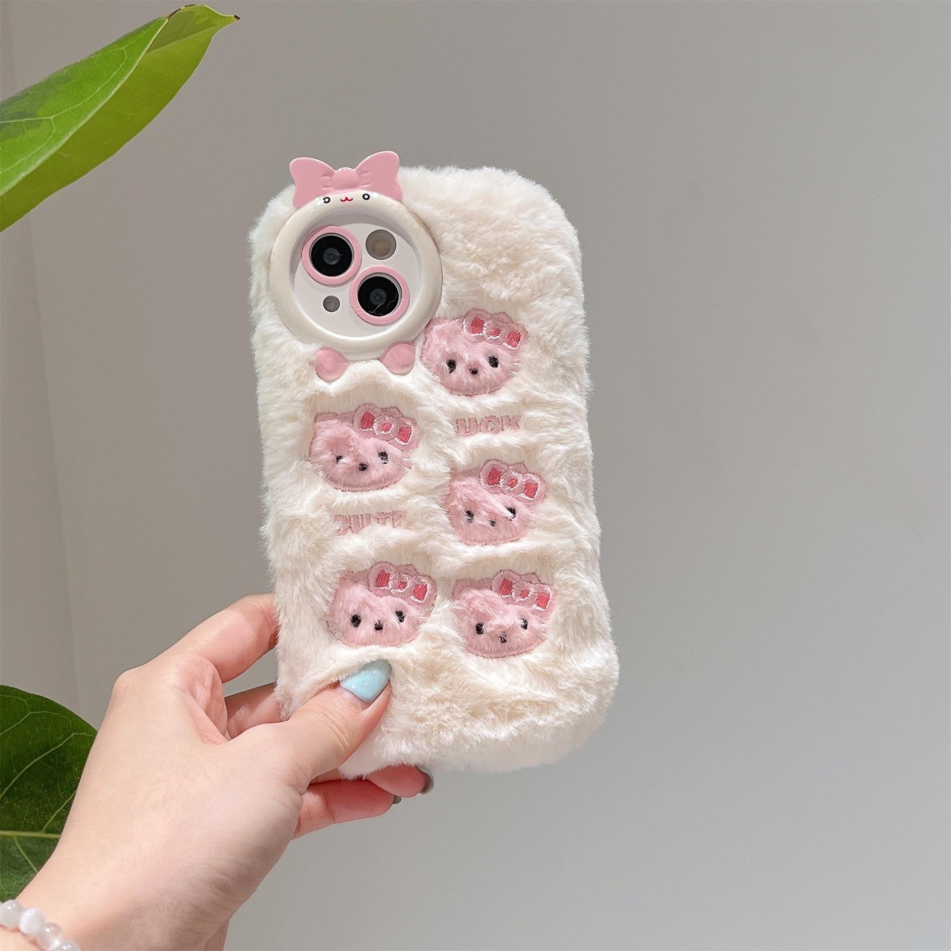 

Plush Embroidered KT Cat Phone Case for iPhone 13-16 Pro Max, Winter Cute Design iPhone 14 Pro
