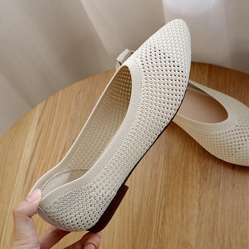 Spring Women Pointed Toe Ballet Flats summer Ladies Comfort Knit Fabric Slip on Shallow Loafers Office Soft Bottom Boat Shoes
