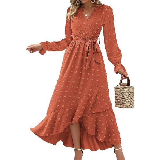 Long Sleeve Maxi Dress for Women V Neck Dot Design Boho Wrap Dress Casual Flowy Slit Wedding Guest Dress for Cocktail Party