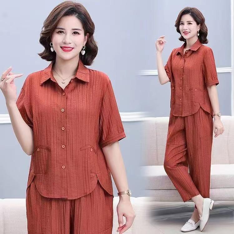 Loose Fit Plus Size Summer Two-Piece Set for Middle-Aged Women