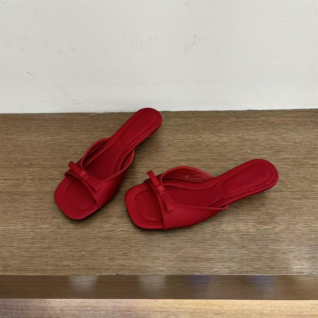 Fashion Silver Satin Flat Slides | Square - Toe Bow - Decorated Casual Daily Shoes