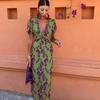 Summer European and American Women's Clothing Fashion Pleated Printed Long Dress Elegant Slim V-neck Short-sleeved Dress