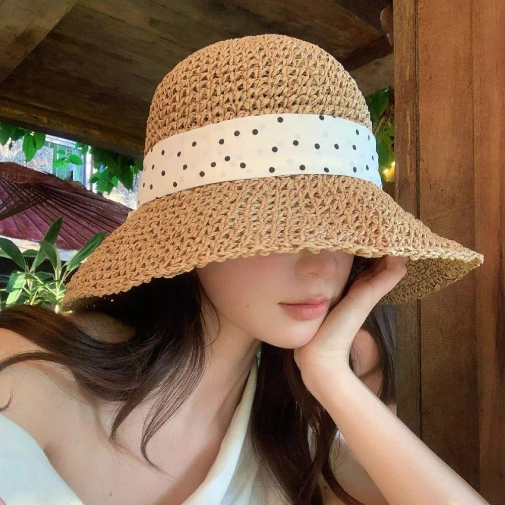 Wide Brim Straw Hat Polka Dot Sunshade Hat Fashion Sunscreen Hat  Seaside Beach