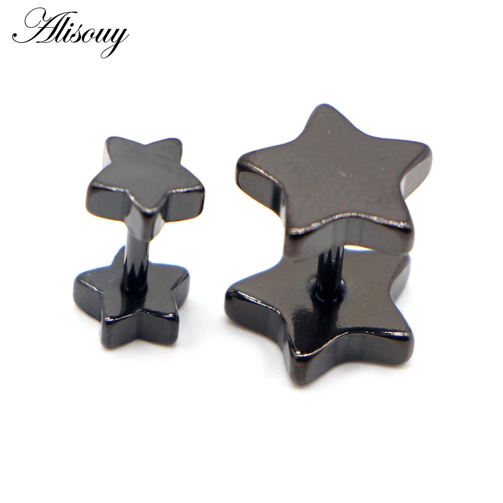 Alisouy 2pcs New Unisex Stainless Steel Barbell Ear Stud Classic Five-Pointed Star Earrings Screw Back Ear Piercing Body Jewelry
