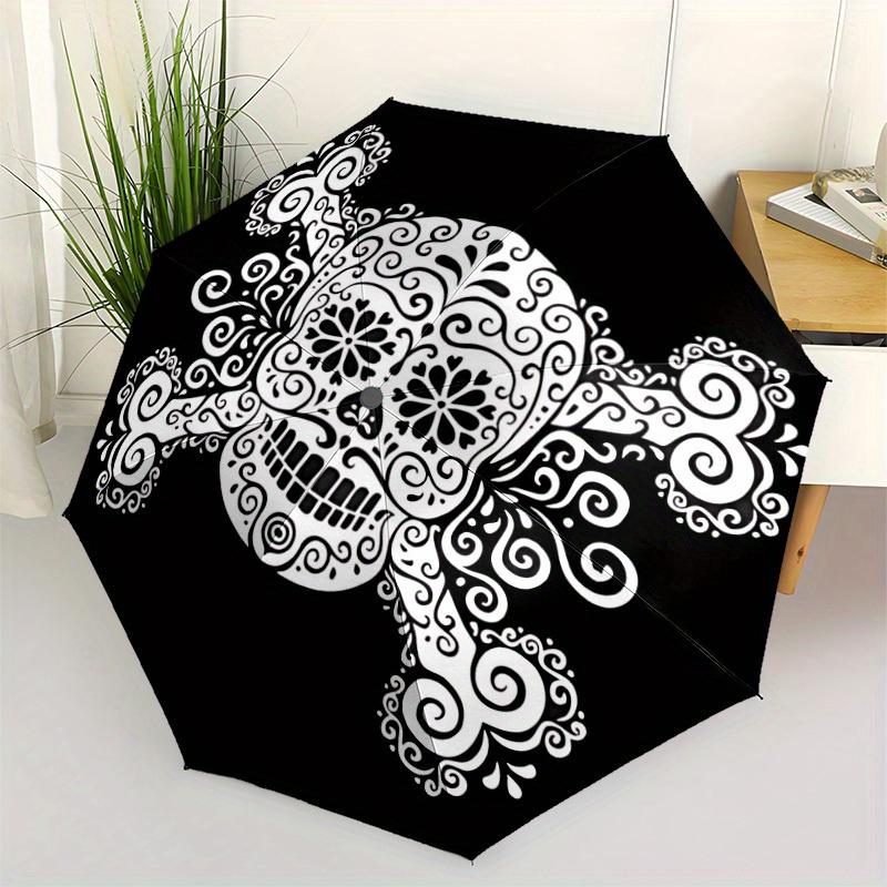 1pc Skull DayOfTheDead Automatic Open/close, Heavy-Duty Iron Frame & 8-Rib Structure, Compact Folding Umbrella for Women/Men, All-Season Travel, Hallo