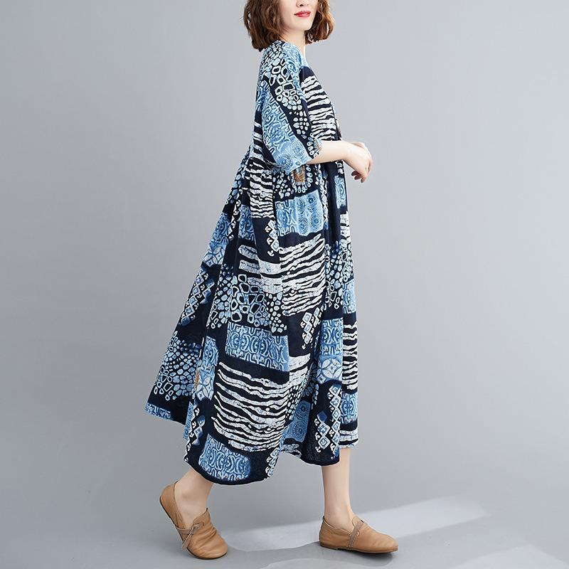 Summer New Cotton and Linen Large Size Literary and Retro Loose and Thin Short-sleeved Big Swing Dress Women