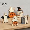 Reusable Autumn Seasonal Accents Halloween Cute Ghost Sign, Pumpkin Tombstone Wooden Plaque Solid Wood Displays for Tiered Tray Decor, Spooky Festive