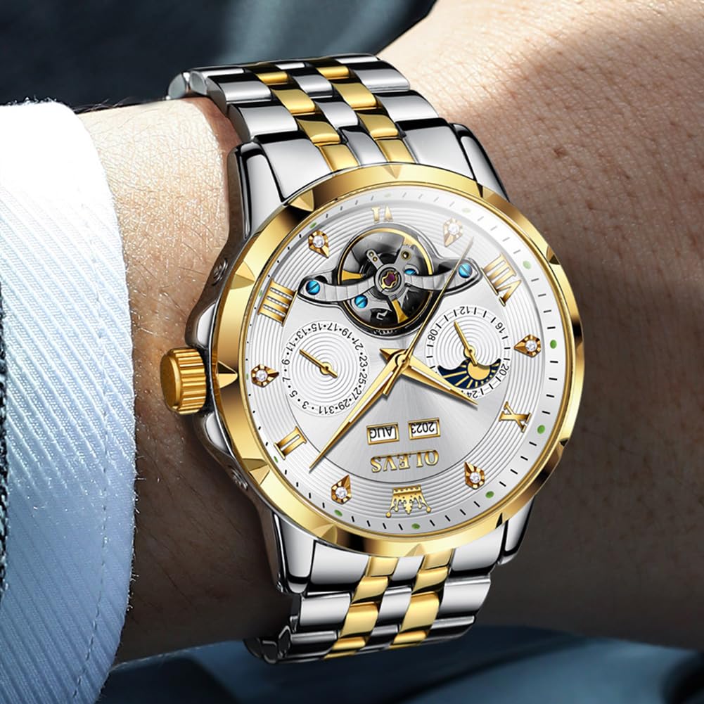 OLEVS Men's Automatic Mechanical Watch with Moon Phase Display, Stylish Skeleton Design, Waterproof, Popular, Luminous Watch, White & Gold