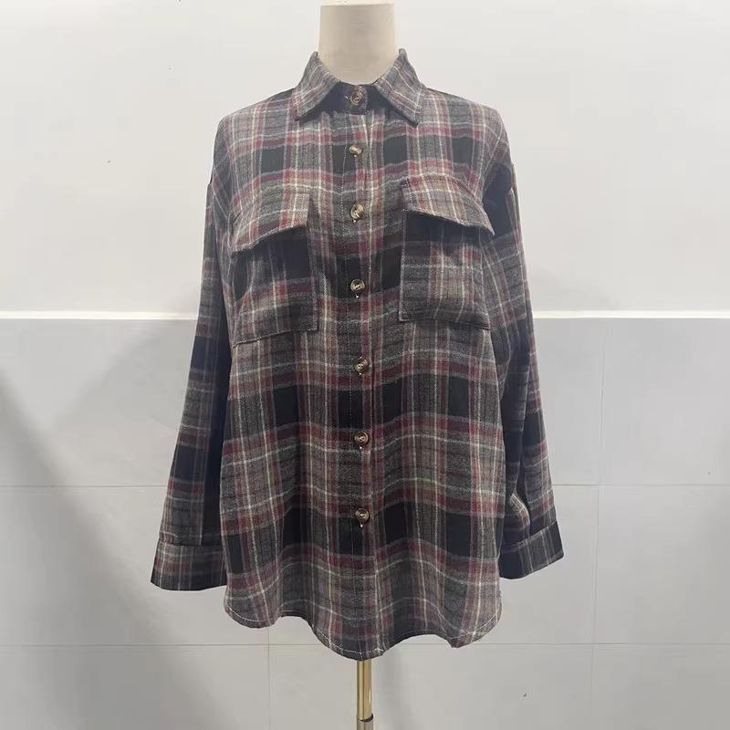 2026 Women's Autumn-Winter Loose Plaid Pocket Shirt: Casual European & American Style