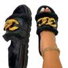 European and American New Thick-bottomed One-word Wool Slippers Foreign Trade Large-size Cross-border Metal Chain Cotton Drag Women