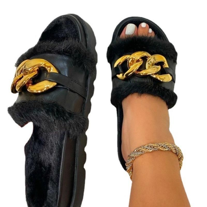 European and American New Thick-bottomed One-word Wool Slippers Foreign Trade Large-size Cross-border Metal Chain Cotton Drag Women