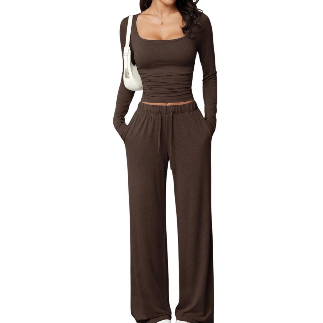 

Spring Women s Square Neck Long Sleeved Short Top Casual Pants Set XS кавовий
