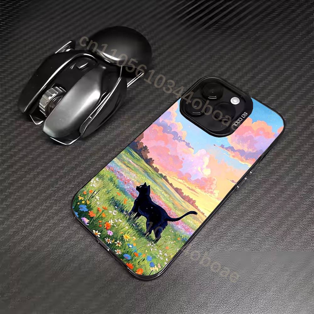 Retro Oil Painting Black Cat Phone Case For iPhone 17,16,15,14,13,12,11,Pro,Max,Plus Soft Black Cover