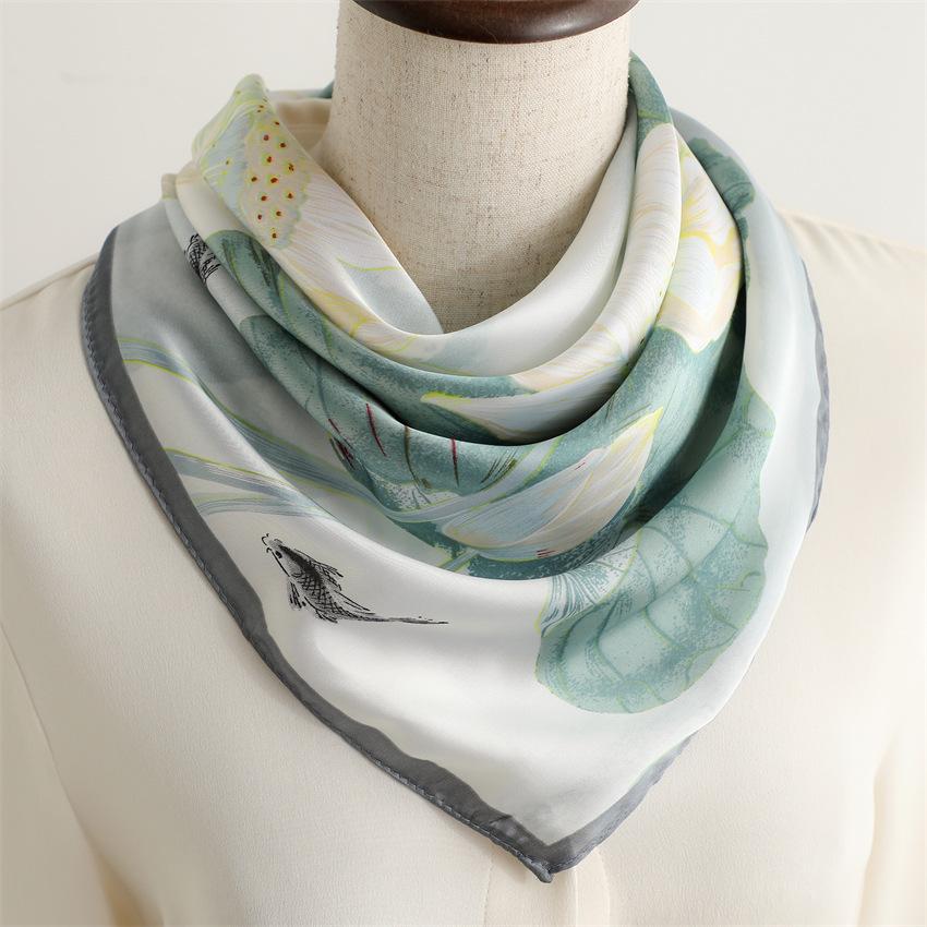 National style lotus flower advanced sense sunscreen shawl foreign style versatile lotus leaf scarf new simulation silk 71cm professional scarf