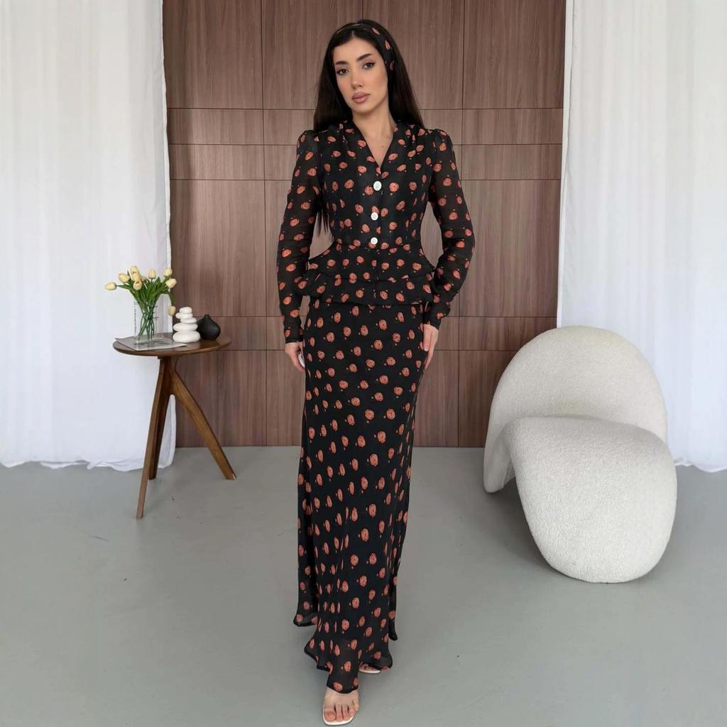 Cross-border European Beautiful Woman Floral V-neck Lace-up Waist Ruffle Edge Long-sleeved Top A Word Casual Skirt Set