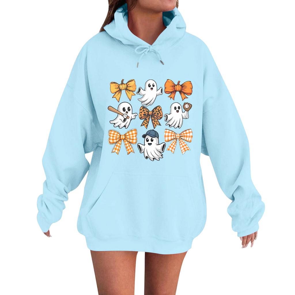 Women's Casual Fashion Comfortable Round Neck With Hood Long Sleeve Halloween Print Warm Sweatshirt