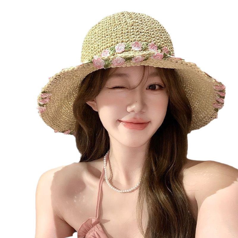 Straw Flower Straw Hat Women's Big Brim Summer Seaside Vacation Beach Face Small Foldable Sunshade Sunscreen Hat