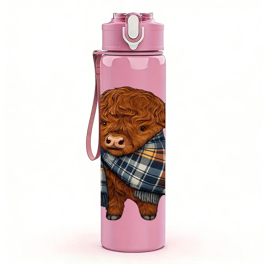 1PC Plaid Highland Cow 750ml Color Plastic Sports Water Bottle Leakproof Flip Straw Lid Suitable for Sports Office Home Use