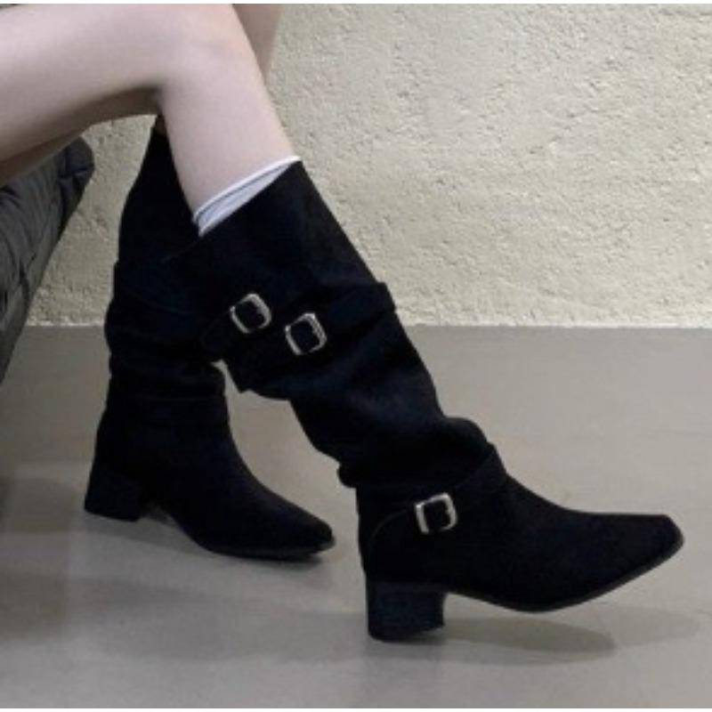 Fashion New Style Fashion Women's High Boots Retro Brown Western Cowhide Boots Gothic Square Toe Wide-leg Women's Long Boots