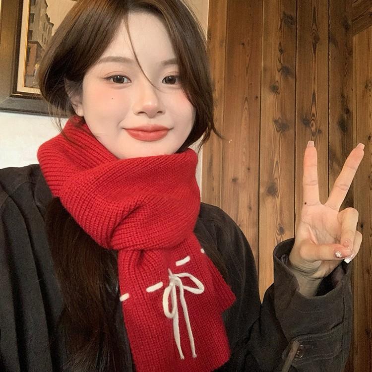 Korean Style Red Bow Woolen Scarf for Women in Autumn and Winter Thickened Warm Neck Protection Knitted Shawl Scarf Winter