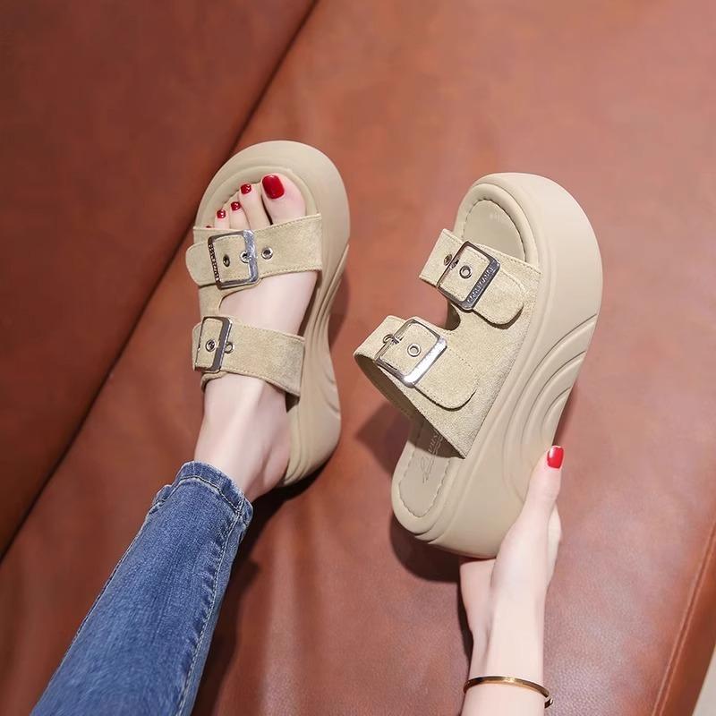 Muffin platform slippers women's summer wear new one-word drag with skirt height-increasing cool slippers seaside beach shoes