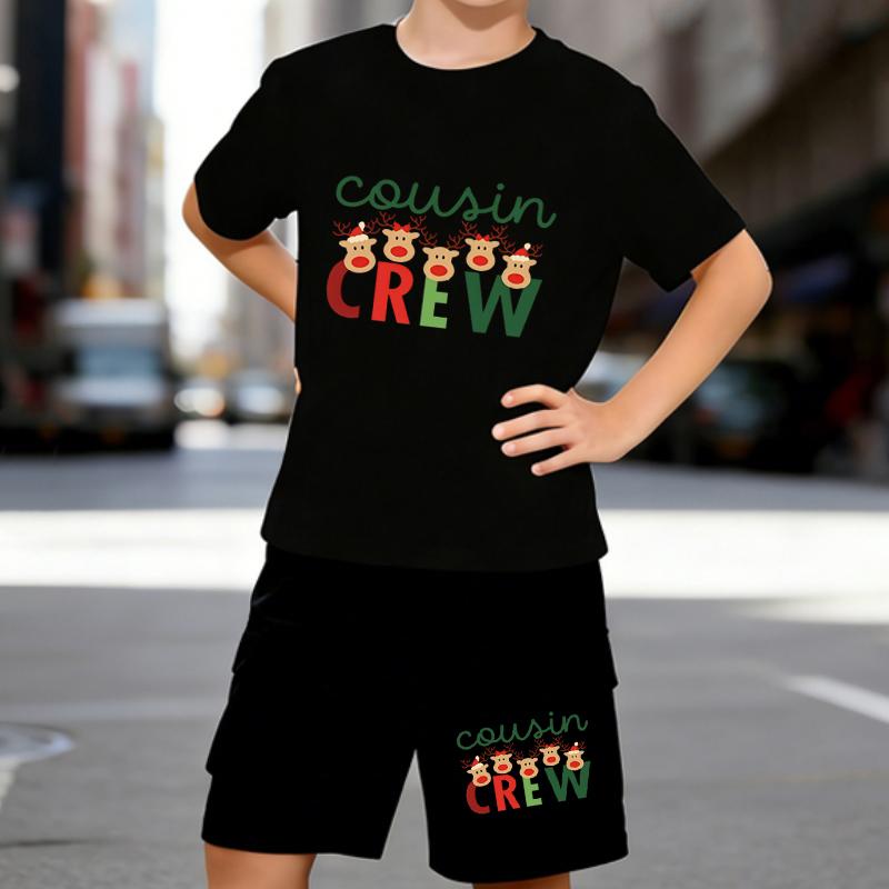 

Boys 2 Piece Christmas Reindeer Pattern Printed Outfit, Short Sleeve T-Shirt and Shorts Set for Kids Age 5-14,White Sporty Casual Summer Clothes 5-6 Years чёрный