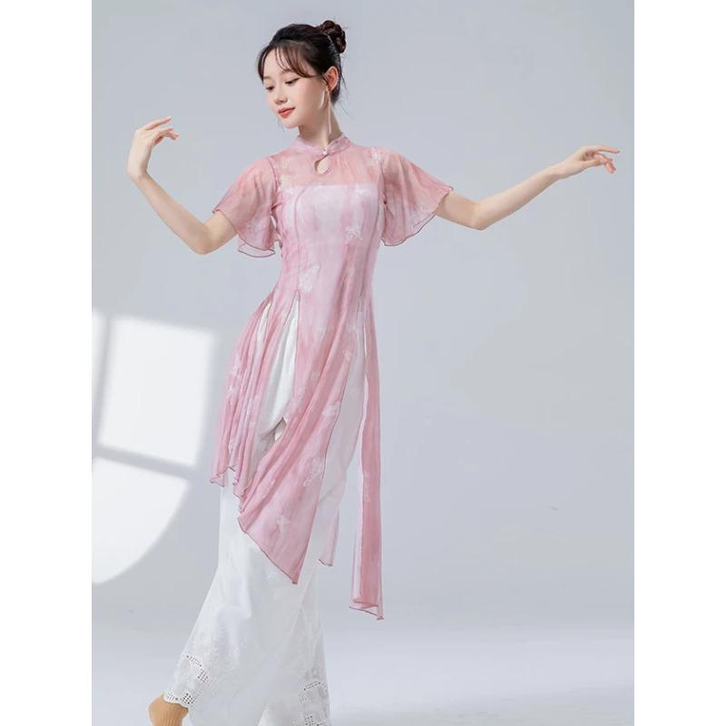 Classical Dance Women Split Hem Long Gauze Mesh Shirt Cheongsam Neck Hanfu Performance Sheer Flowy Blouse Training Dancewear