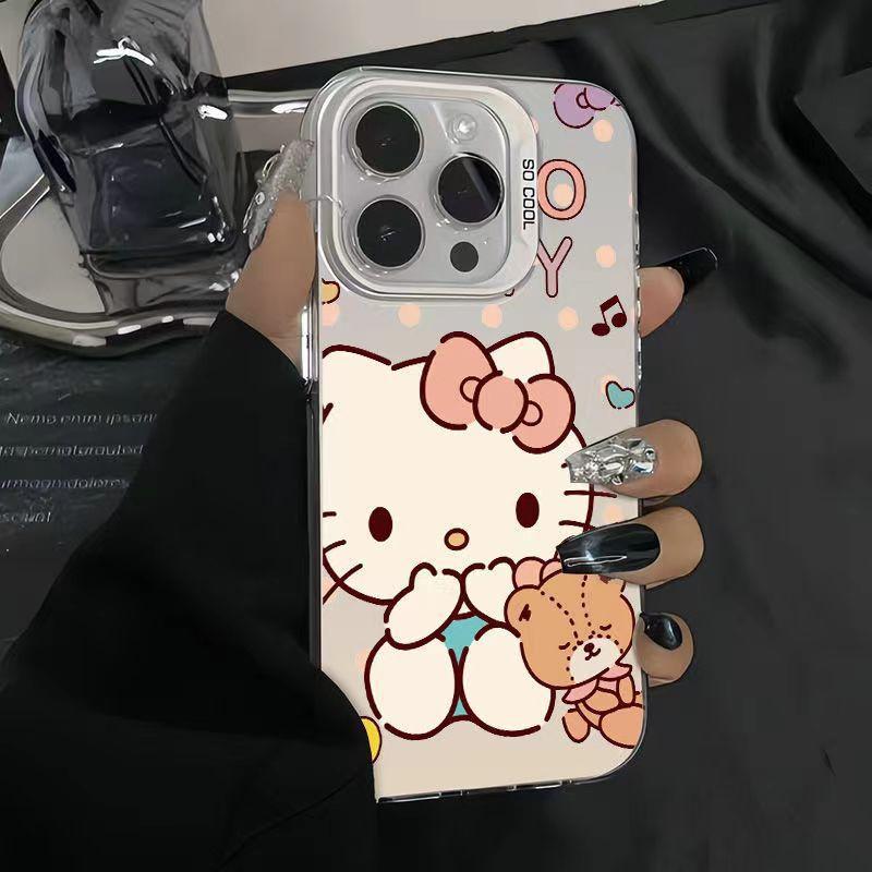 Full-screen Hello Kitty phone case for iPhone 16 Pro Max, cute cartoon design, 14/13/12/11, double-layered, colored silver.