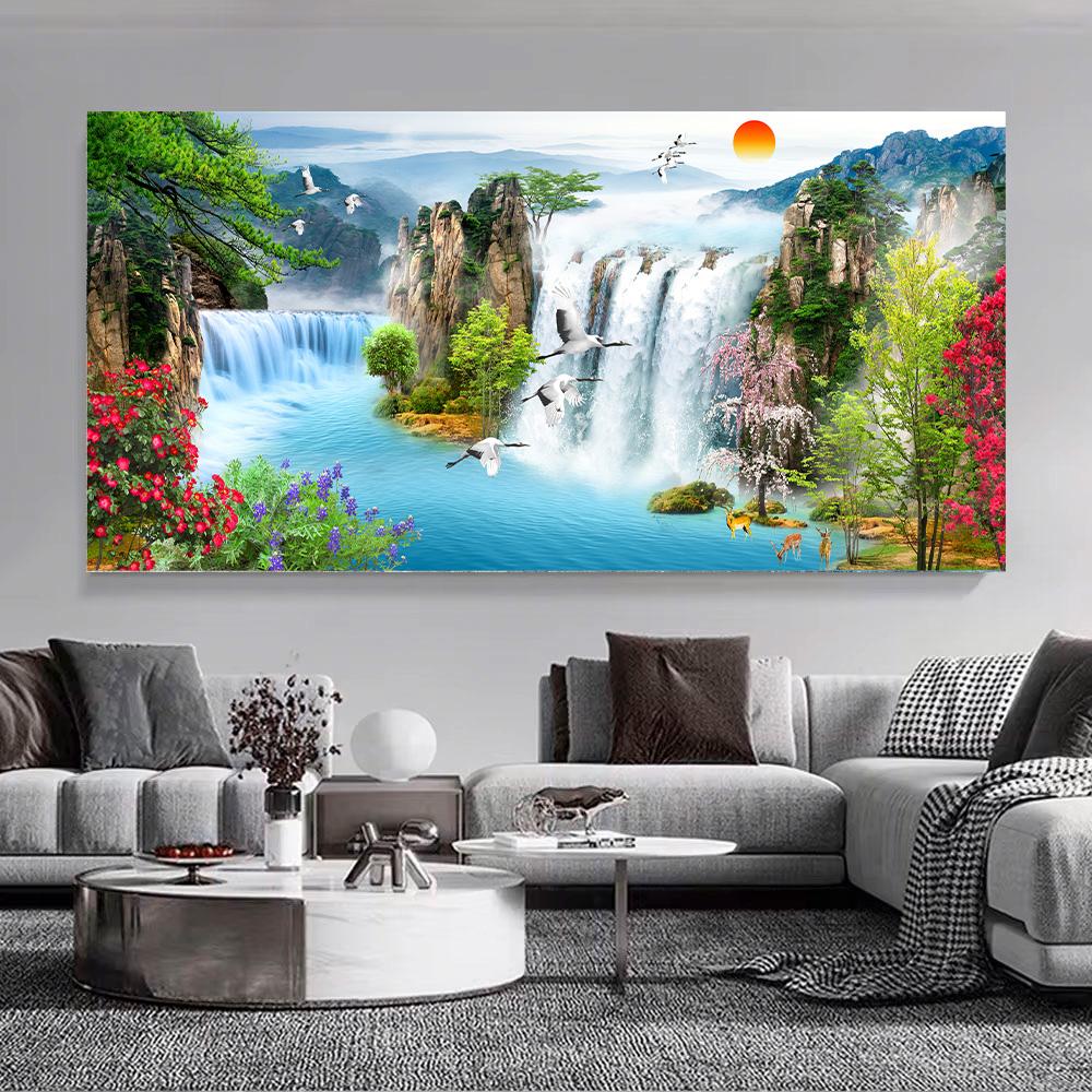 Wasserfall Sonnenuntergang Landschaft Leinwandmalerei See Vogel Poster und Drucke Cuadros Wald Wandkunst Bild für Wohnzimmer