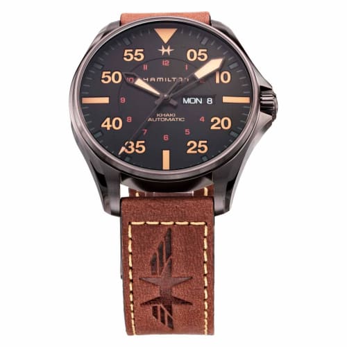 

Hamilton Khaki Aviation Pilot Day Date Automatic Watch, 46mm, Swiss Brand, Men s, Brown, Black Dial, Stainless Steel, Sapphire Crystal, H64705531