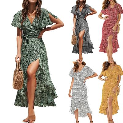 Dámské volné pohodlné ležérní módní sexy šaty s výstřihem do V, nepravidelným pasem a květinovým potiskem