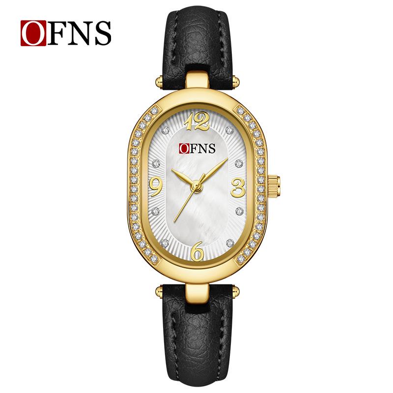 Oufanni Women's Vintage-Style Diamond-Inlaid Oval Mother-of-Pearl Watch - Waterproof Quartz with Light Luxury Appeal