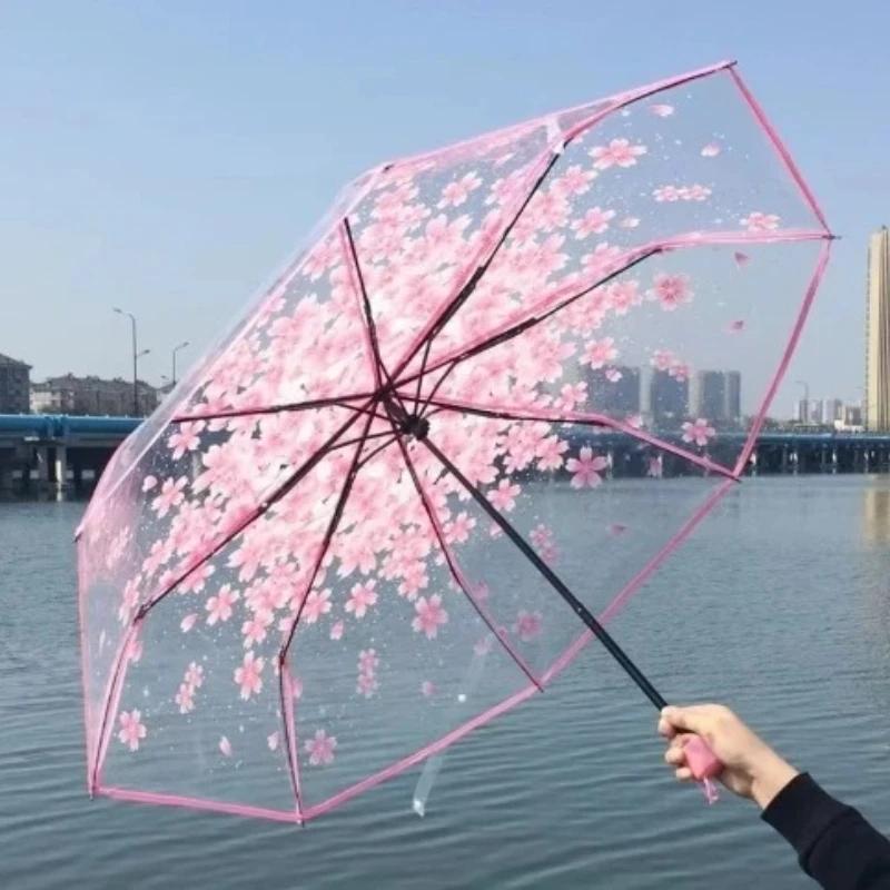 Damen Faltbarer Blume Farbverlauf PVC Dreifach Faltbarer Transparenter Regenschirm, Märchenstil Cartoon Niedlich Groß Manueller Faltbarer Regenschirm