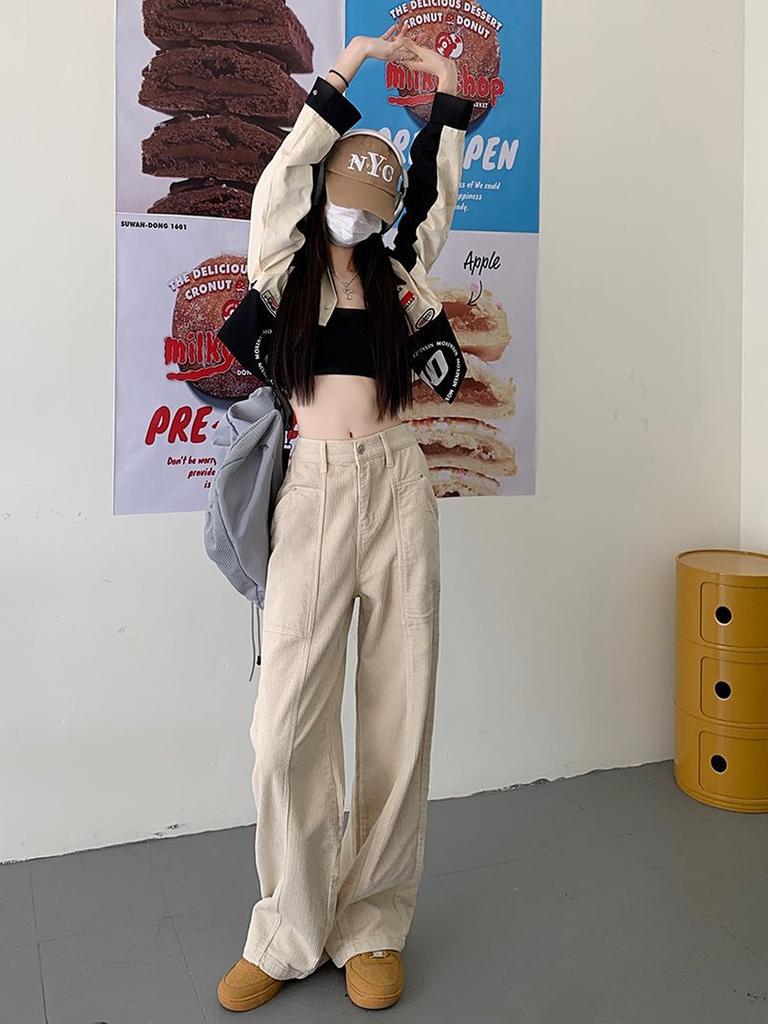 Pantaloni din Velur și Catifea côtelată Maro Retro Toamnă/Iarnă cu Crăpătură pe Picior Lărgit pentru Femei Înalte Talie Înaltă Colanți Lungi