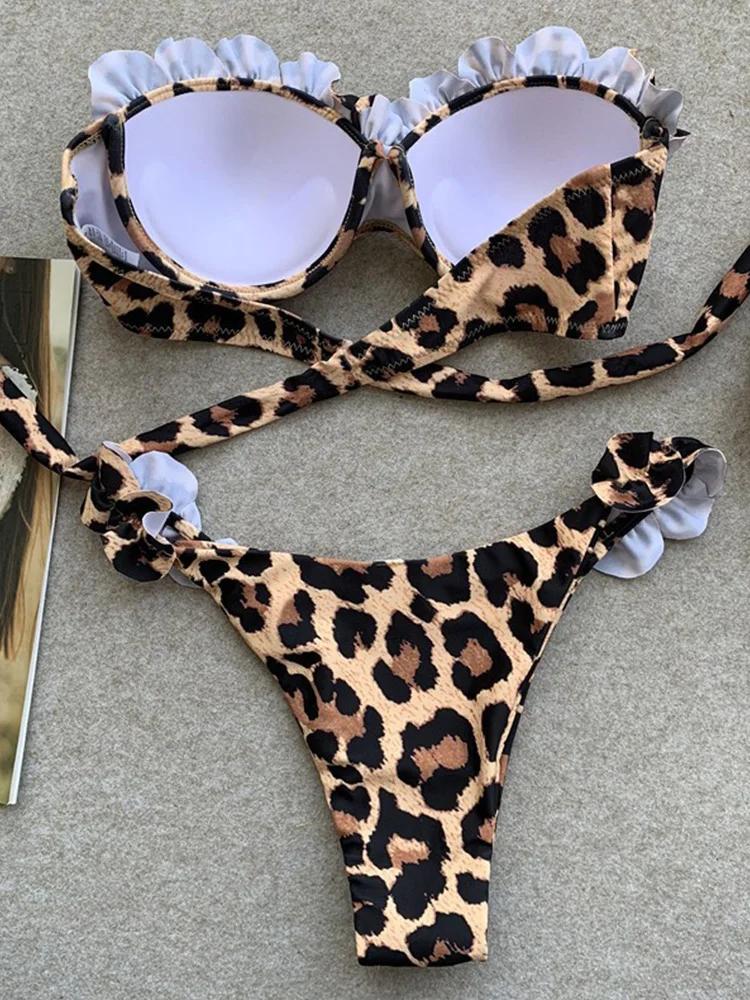 2025 Neuer Sommer Bademode Bikini Set Sexy Leopard Trägerloser Bikini 2-teiliges Set Damen Split Badeanzug Hohe Taille Beach Style Bikini