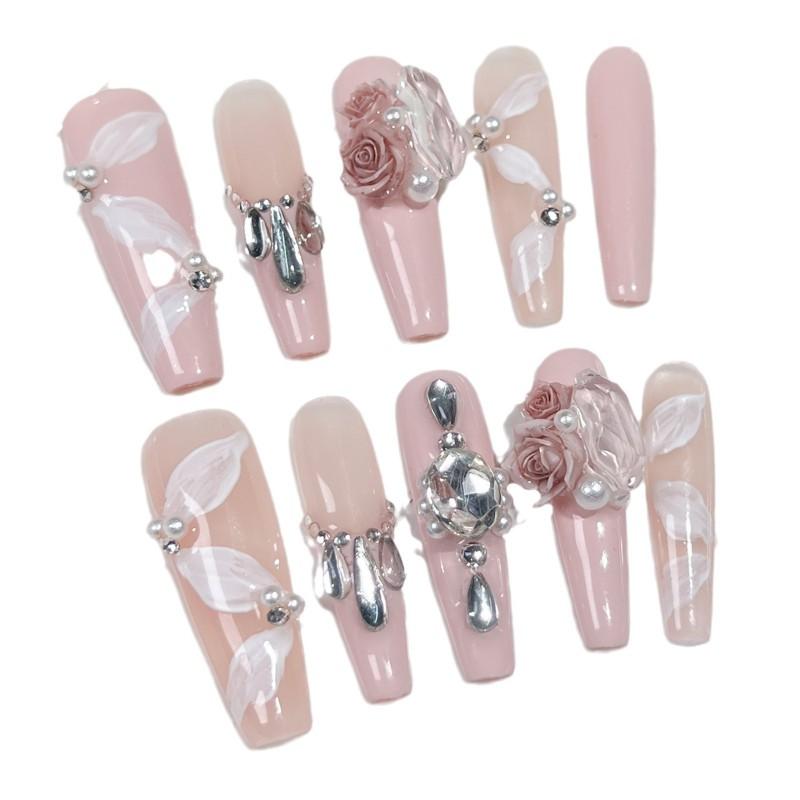 Longs Ongles à Presser avec Motif Floral Rose Élégants Style Français Pointe Fine Invisible pour Femmes