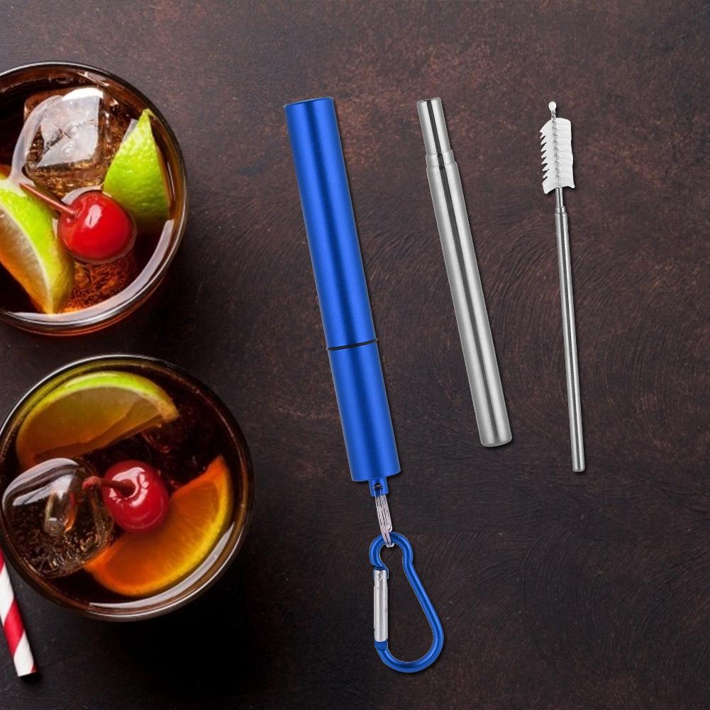 Stainless Steel Retractable Portable Straw Kit(Blue Aluminum Case Straw+Brush+Carabiner )