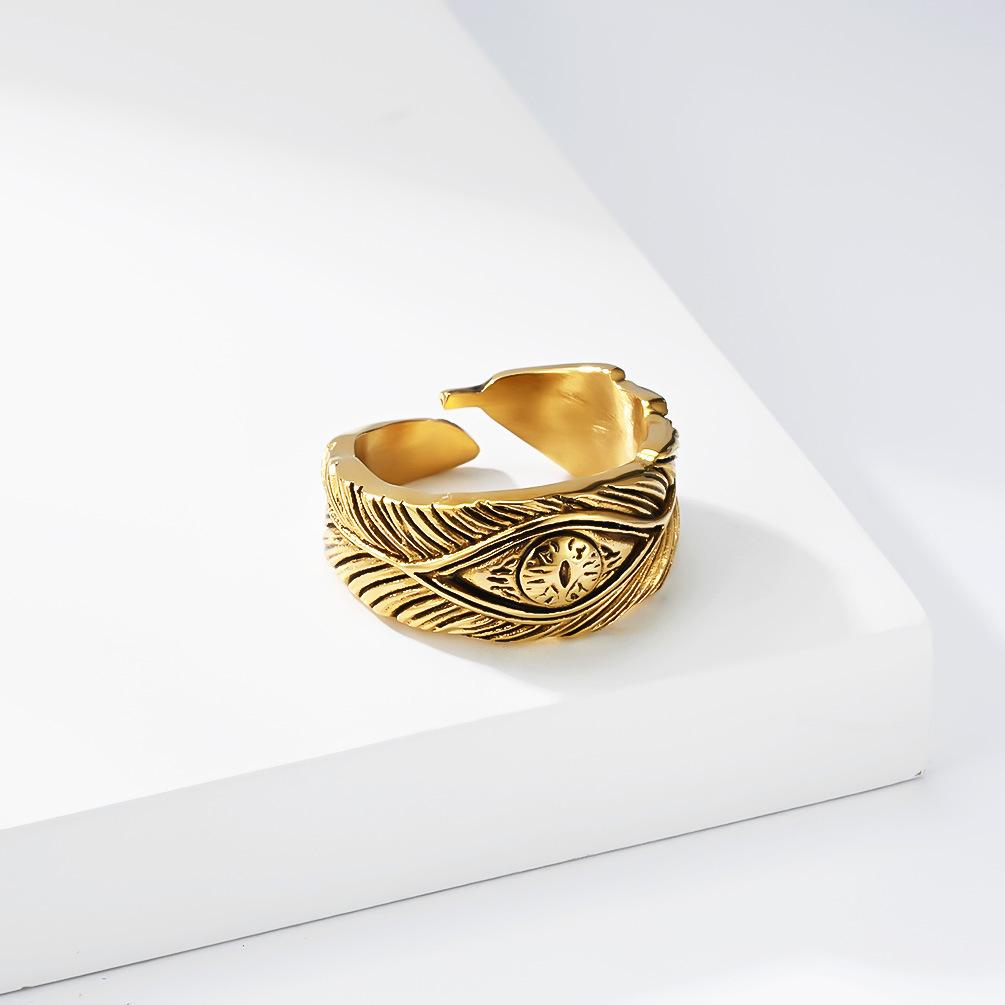 Vintage Feather Eye Open Ring, Adjustable Silver Color Titanium Steel Band, Retro Boho Totem Jewelry, Unisex Gothic Finger Ring for Men Women